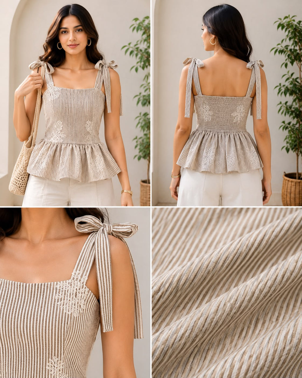 Striped Brasso Peplum Top with Tie-Up Straps