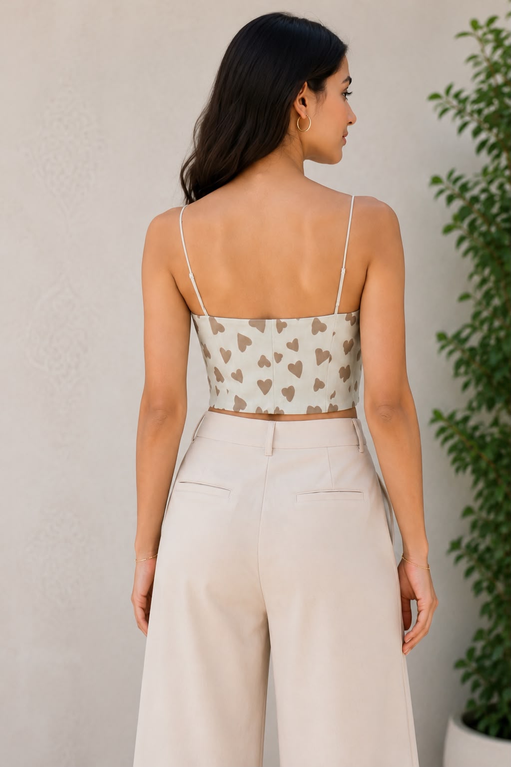 Heart Print Sweetheart Neck Crop Top for Women – Off White/Cream