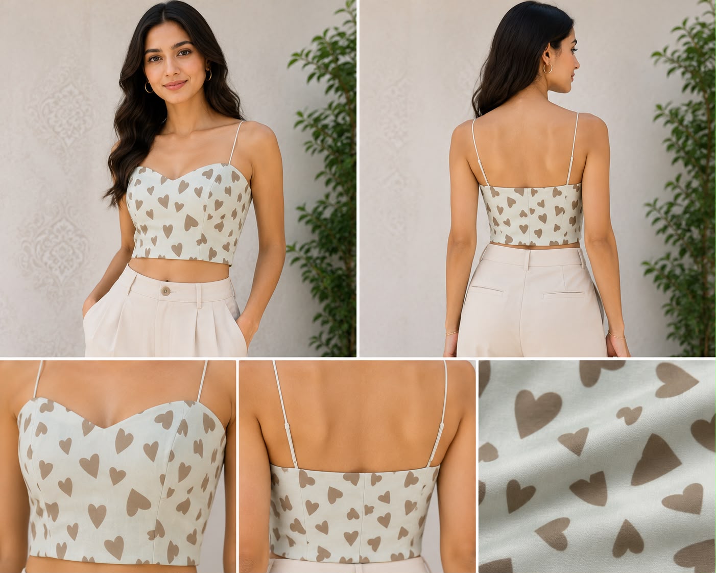 Heart Print Sweetheart Neck Crop Top for Women – Off White/Cream